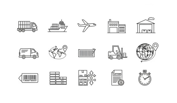 Modern logistics line icons set with shipping delivery freight and supply chain editable vector collection