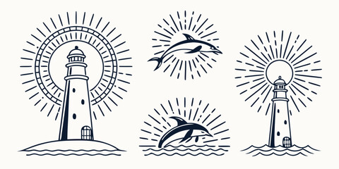 Fototapeta premium Illustration of a lighthouse and dolphins with sun rays in a circular pattern