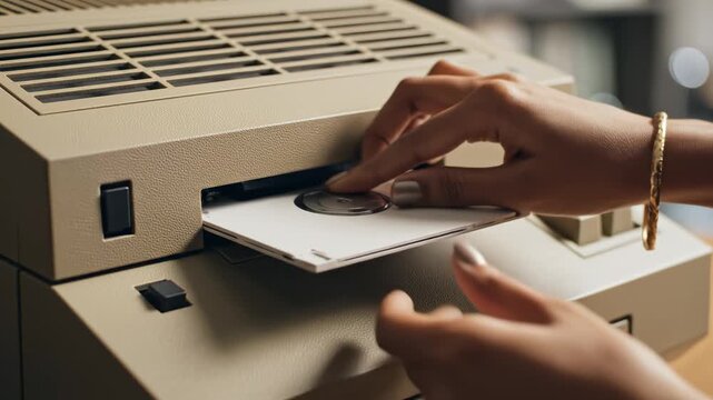 Person inserting floppy disk into old computer