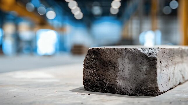 A close-up shows a large, rough-edged, rectangular block with a dark gray exterior on a gray surface with blurry background