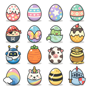 Cute Cartoon Easter Egg Mega Pack 16 Kawaii Themed Eggs for Stickers, Cricut Crafts and Spring Designs