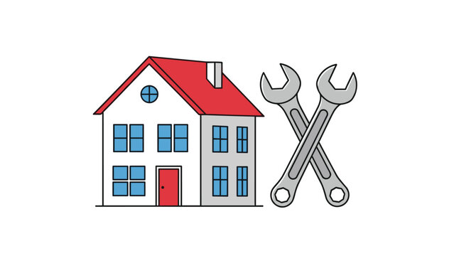 Small residential house is positioned next to two large crossed wrenches to symbolize home repair or maintenance.