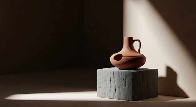 A clay jug sitting on a block of stone