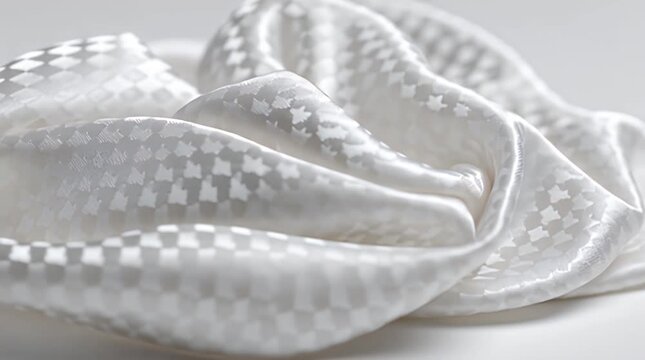 A close-up shows softly draped fabric with subtle patterns and textures, highlighted by gentle lighting, creating a sense of luxury