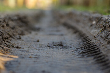 Głębokie koleiny na błotnistej, wiejskiej drodze. Detal śladów opon w mokrej ziemi. Symbol trudnych warunków komunikacyjnych, off-roadu i wiejskiego krajobrazu. © Henryk Niestrój