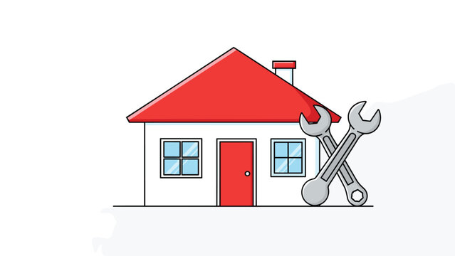 Simple illustration of a suburban home with a red roof is accompanied by two crossed metal wrenches for service.