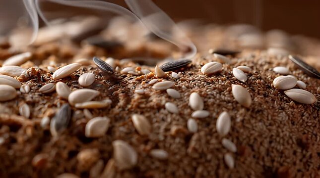 A close-up view of a baked good speckled with different seeds, including sunflower, sesame, and other unidentifiable seeds