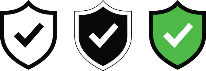 Shield icons with checkmarks in white black and green © sornaly