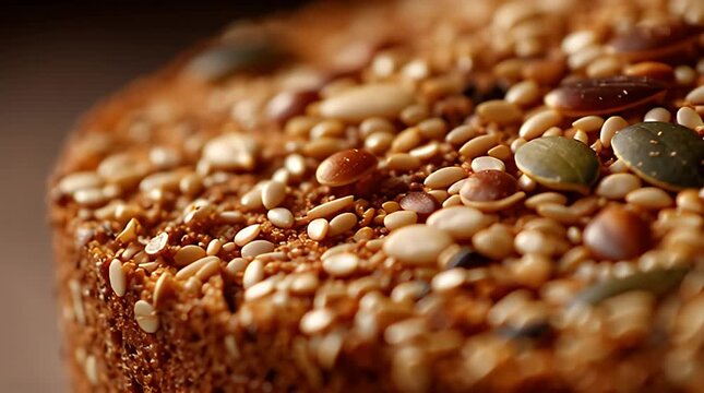 A close-up view of a baked good. The bread is covered with various seeds, including pumpkin, sesame, and sunflower seeds