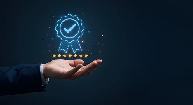 Professional businessman hand holding blue glowing quality guarantee medal icon with five gold stars symbol for high standard service and customer satisfaction excellence concept