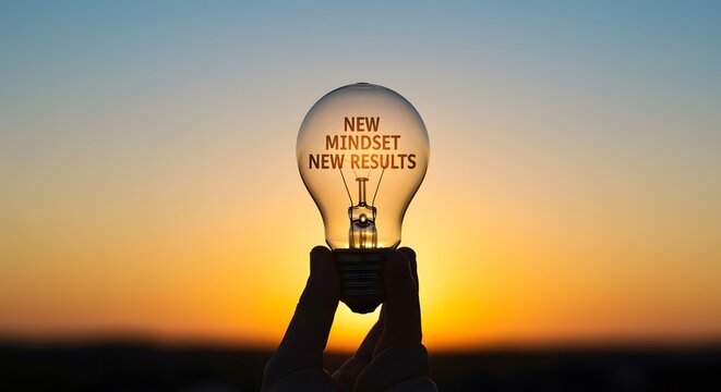 Human hand holding light bulb with text new mindset new results against beautiful sunset sky background for inspiration motivation success and positive thinking concept development