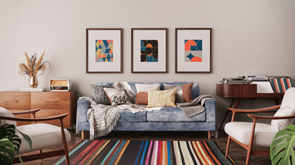 Obraz premium Modern mid-century living room interior with furniture 3D render illustration