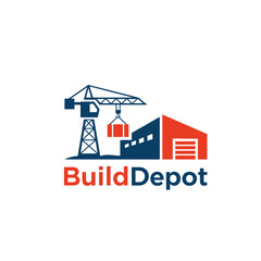 Fototapeta premium Tower crane and industrial warehouse logo for construction supply BuildDepot