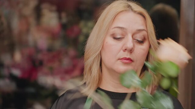 Caucasian florist inspecting finished rose bouquet, calm focused expression with closeup on petals berries and twig accents, delicate balancing of stems and final styling for customer order, cozy warm