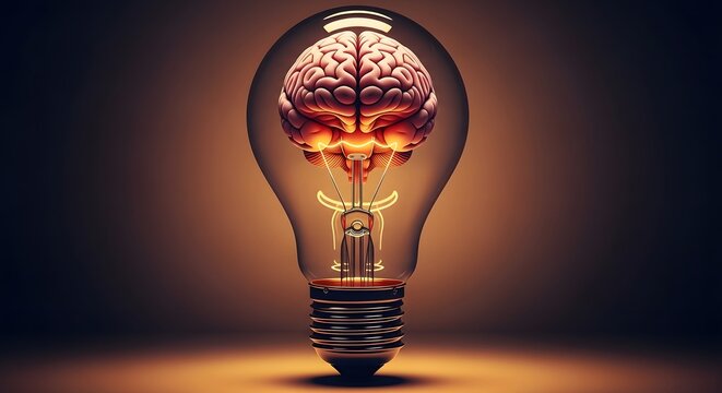 Human brain inside glowing light bulb symbolizing ideas, intelligence, and creative thinking