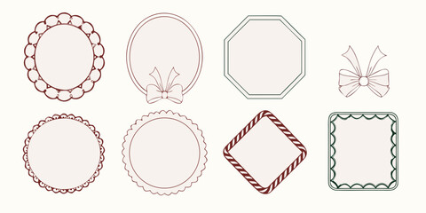 Collection of decorative frames and ribbons in muted brown and green tones