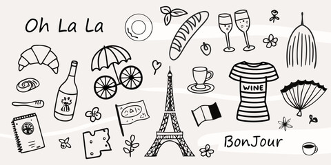 Parisian themed doodles including food landmarks and decorative elements © Nasir
