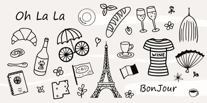 Parisian themed doodles including food landmarks and decorative elements