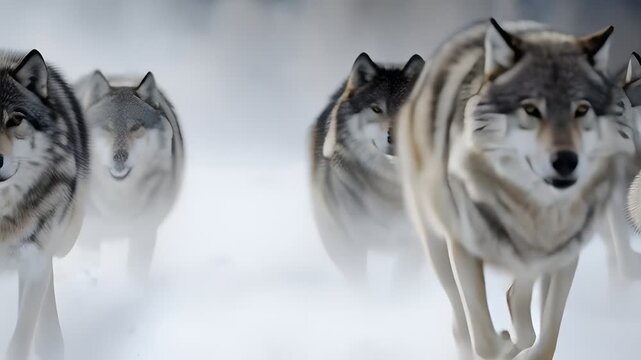 Pack of gray wolves walking through snowy landscape with a lead wolf in sharp focus and cinematic lighting conveying a wild and natural mood.