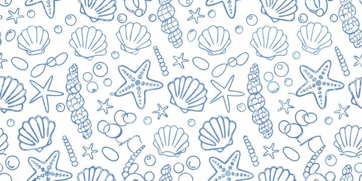 Blue sketch of various seashells starfish and marine life patterns