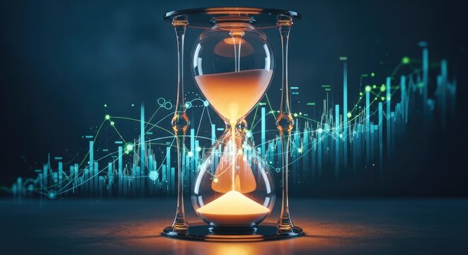 Antique glass hourglass with flowing sand represents a retro business concept where the passing hour and measurement of time highlight a looming deadline