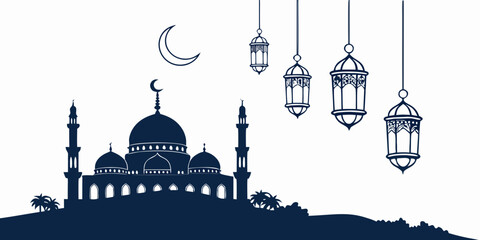 Silhouette of a mosque with crescent moon and lanterns in the night sky © Mamun