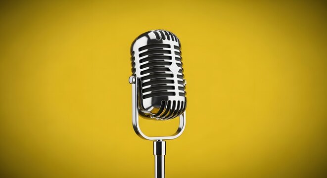 Vintage silver microphone standing against vibrant solid yellow background for podcasting broadcasting music performance and audio recording
