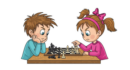 Two children intensely focused while playing a game of chess together © Vactor media 