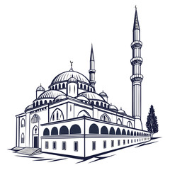 Intricate black and white illustration of a mosque with minaret and domes