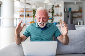 Fototapeta premium Excited senior man celebrating success while looking at laptop on sofa. Happy elderly person winning online lottery or getting good news. Technology, retirement lifestyle and achievement concept.