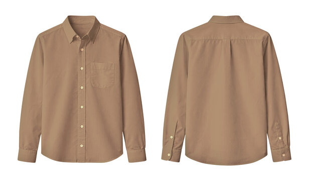Blank Light Brown Long Sleeve Button-Up Shirt Front and Back View Mockup Isolated on Transparent Background