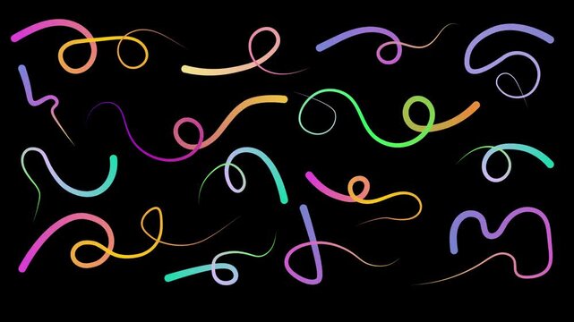 Vibrant rainbow loop elements with playful curved strokes, seamless motion graphics ideal for celebration themes and digital content.