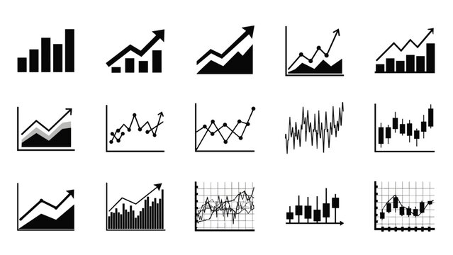 Large collection of financial data visualizations including bar charts and line graphs showing various upward trends and market fluctuations.