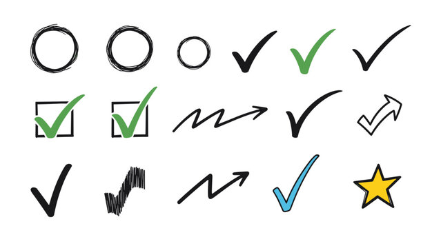 Variety of hand-drawn symbols such as checkmarks, squares, circles, arrows, and a star for emphasizing text or marking lists on a white background.