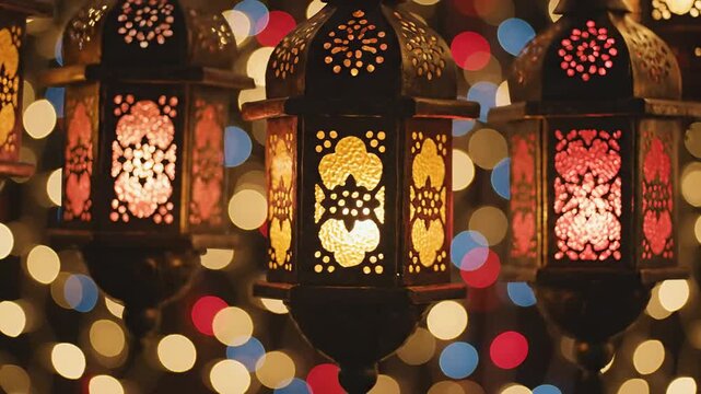 Decorative Islamic Ramadan Lanterns with Ornate Cutouts and Warm Bokeh Lights, Celebrating Festive