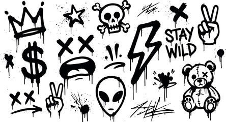 Graffiti art icons set, collection of skulls, crowns, aliens, and teddy bears with spray paint drip and splatter effects. © Graphiccircle