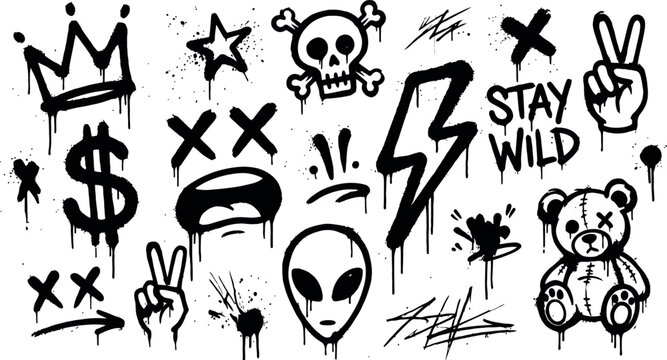 Graffiti art icons set, collection of skulls, crowns, aliens, and teddy bears with spray paint drip and splatter effects.