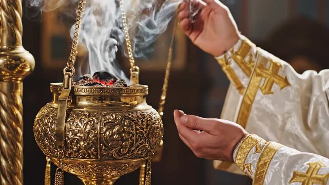 Eastern Orthodox Priest Conducting Liturgical Service with Censer, Incense Smoke Rising in Church