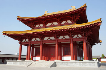 Obraz premium Traditional Chinese Temple with Red Pillars and Golden Roof under Clear Blue Sky Architectural Heritage Cultural Landmark Photography Exterior Daytime