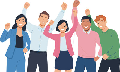 Obraz premium Illustration of six diverse people standing together with raised arms in celebration, symbolizing teamwork, unity, success, and achievement, ideal for business, education, and design projects