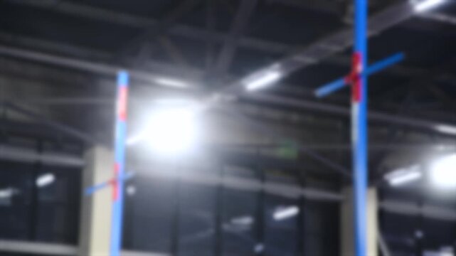 An athlete performs a pole vault at an athletics competition in an indoor athletics stadium.