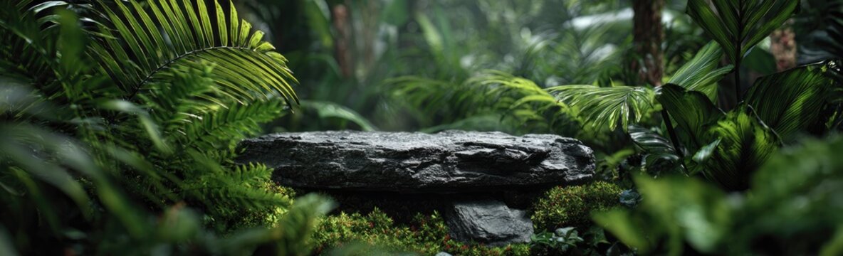A stone platform is in a lush, green rainforest, surrounded by foliage and mossy undergrowth