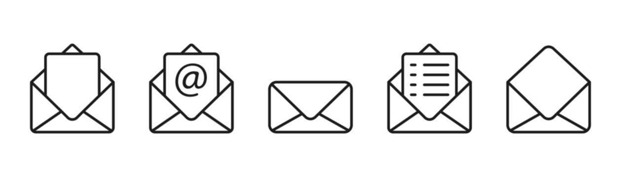Mail or email icon set. Envelope symbol with letter. Open and closed mail. Vector editable stroke and PNG transparent