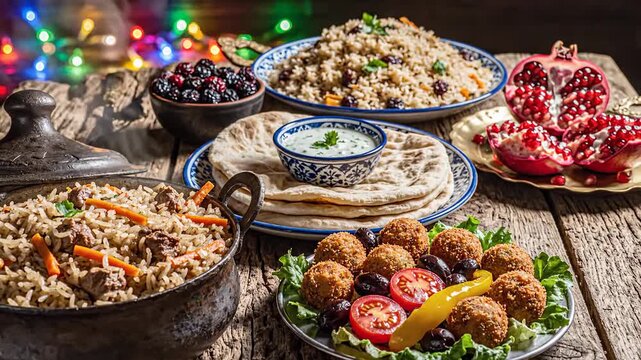 Delicious Middle Eastern Food Feast: Rice Pilaf, Falafel, Flatbread, Berries, and Pomegranate on