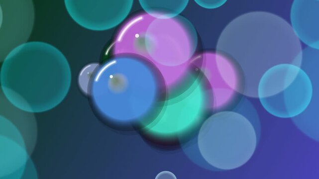 A vibrant vector illustration of glowing party streamers and colorful confetti mixed with shiny blue and purple bubbles over a dark bokeh backdrop with a bright circular design