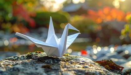 Origami crane rests on a textured rock amidst autumnal foliage under a soft, warm sunlight