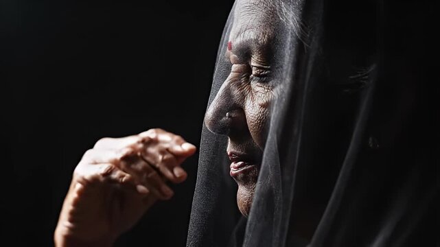 Elderly Indian Woman's Face in Profile, Wearing a Black Veil, Eyes Closed in Prayer or Meditation