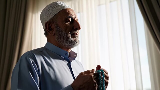Elderly Muslim man in traditional cap praying with prayer beads, holding hands up in supplication