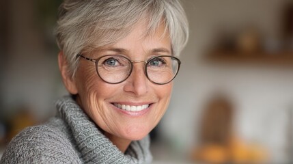 Fototapeta premium Woman with glasses is smiling and wearing a gray sweater. She is sitting in a kitchen. Scene is happy and warm