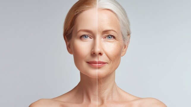 Two women's faces side by side, one with wrinkles and the other without. The woman without wrinkles has a bright smile